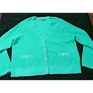Adrianna‎ Papell Womens Cardigan XL Kelly Green Gold Buttons Academia Preppy